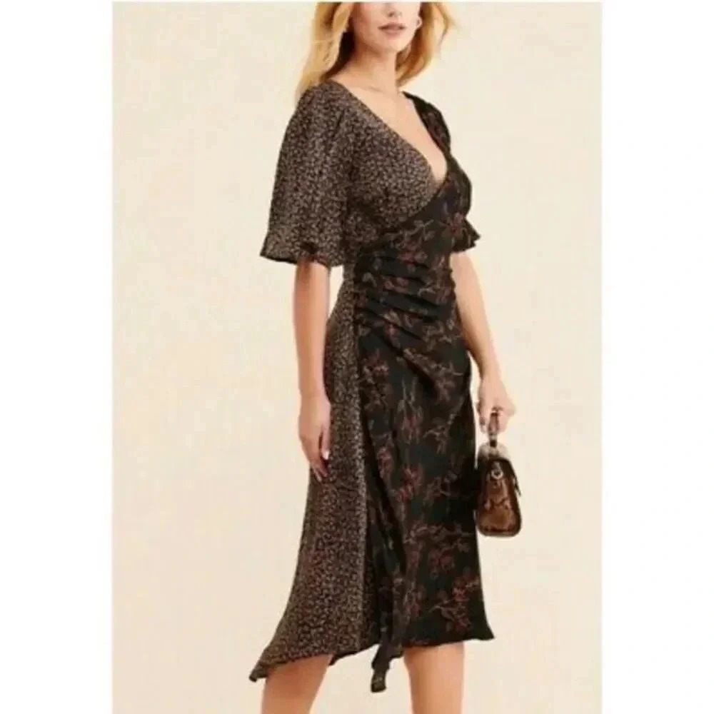 4SI3NNA Sienna Wrap Style Midi Dress | Mixed Print | Size S